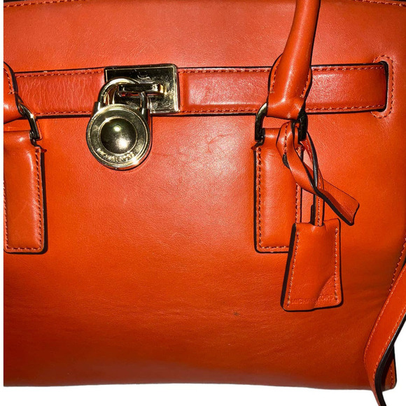 MICHAEL KORS HAMILTON TRAVELER GENUINE LEATHER SATCHEL/ SHOULDER BAG ORANGE - Picture 10 of 15
